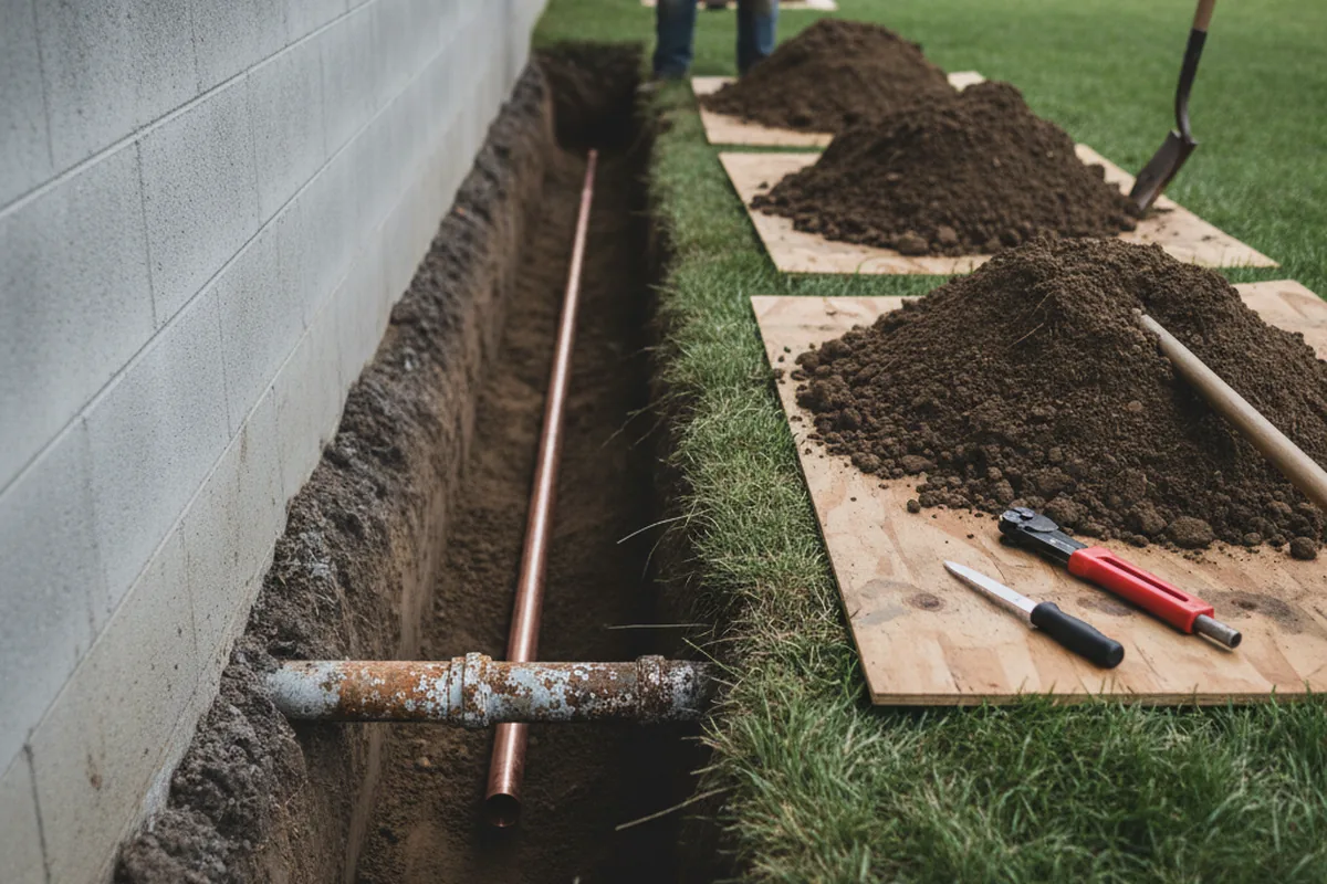 Excavated water line trench during Sewer Line Repair in Drexel